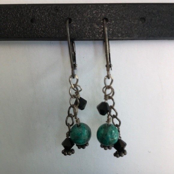 Vintage Handmade Chrysocolla Gemstone Sterling Silver Swarovski Lever Earrings - Picture 4 of 6